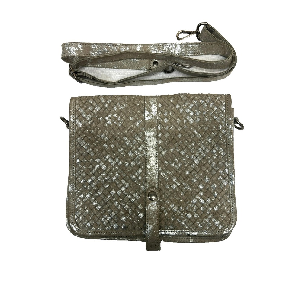 Latico Cristina Crossbody‎ Flap Purse Metallic Silver Woven +Abstract Leather